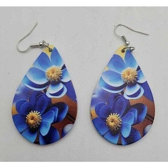 Earrings Large Teardrop Shape Blue & Yellow Flowers Design Hook Back Lightweight - Picture 2 of 2